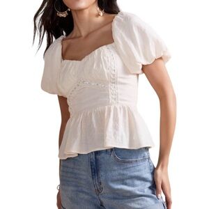Francesca's Collections Cream Puff Sleeve Square Neck  Blouse with Lace Detail
